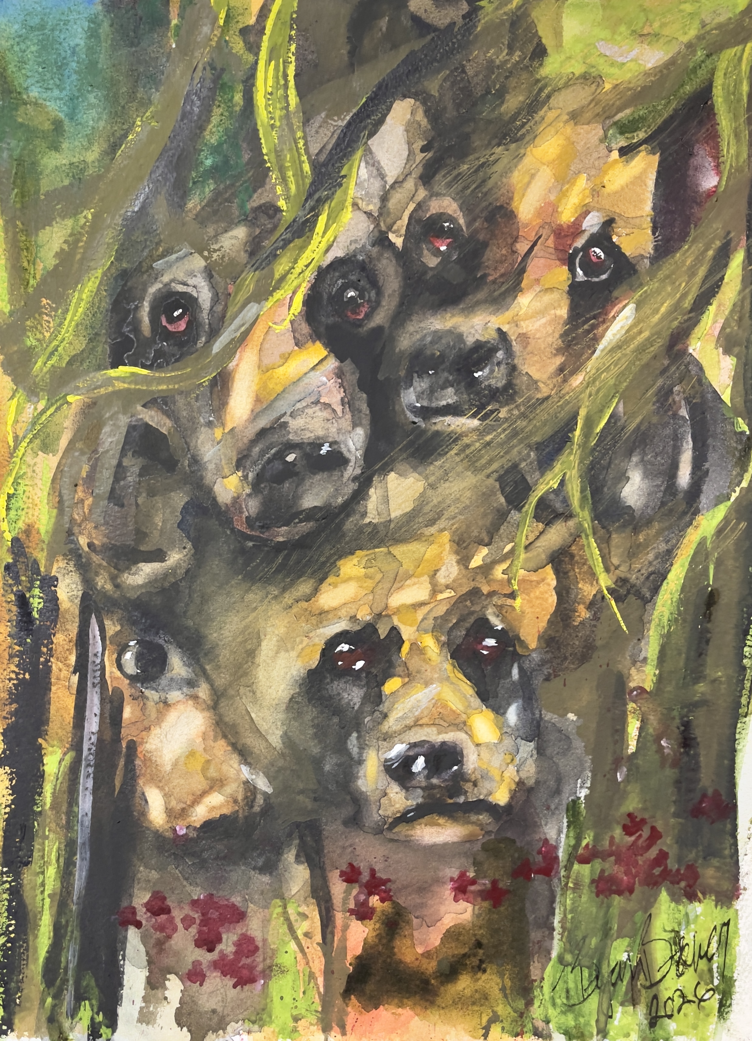 The completed Four Curious Bears watercolor by Bryan Brouwer