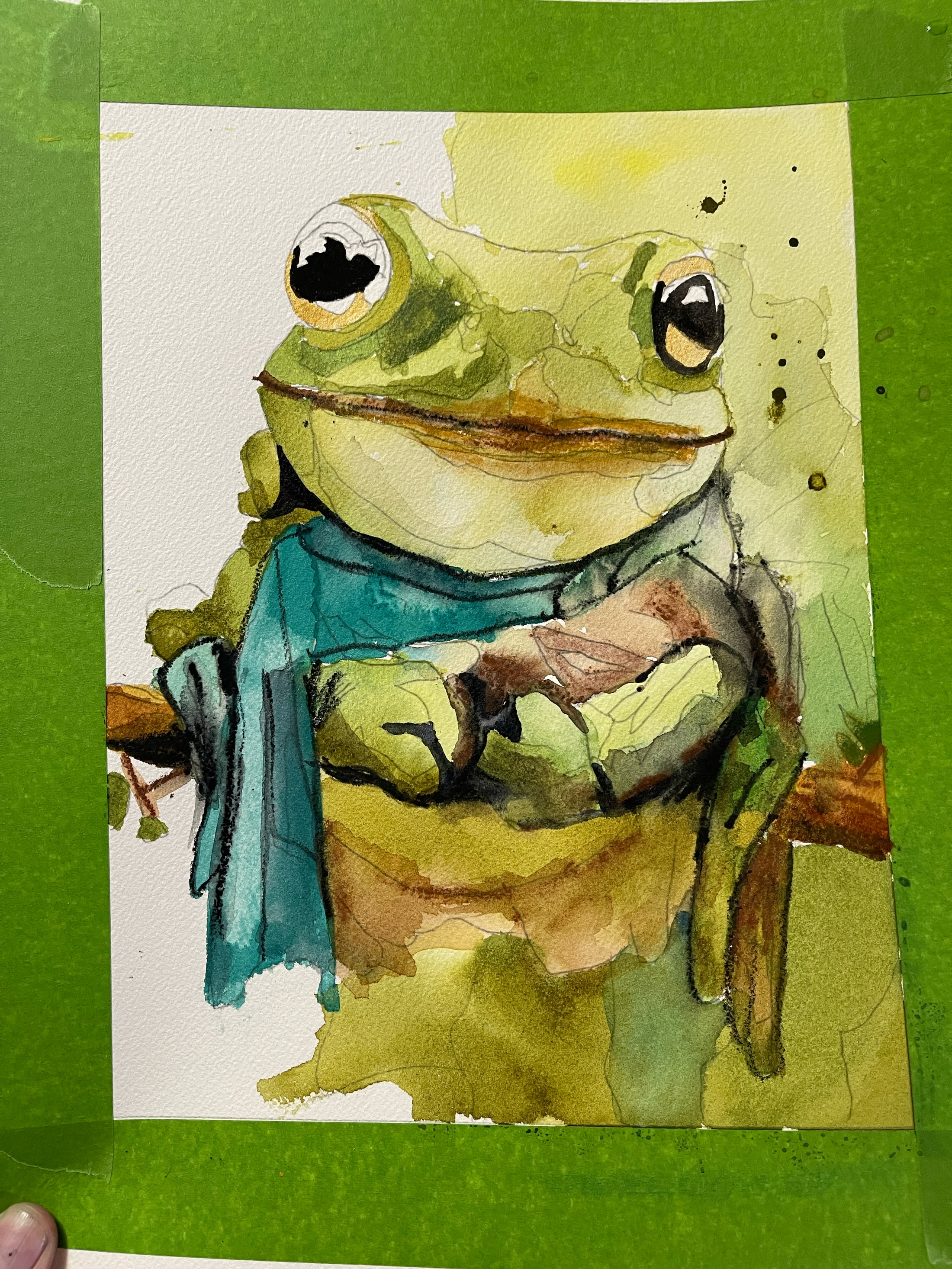 Frog with a Scarf watercolor in progress for the Lesa Collection
